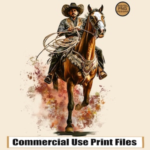 May include: A cowboy riding a brown horse with a white blaze on its face. The cowboy is wearing a brown hat, a brown vest, and blue jeans. The horse is wearing a brown saddle and a brown bridle. The background is a watercolor wash of brown, orange, and yellow.