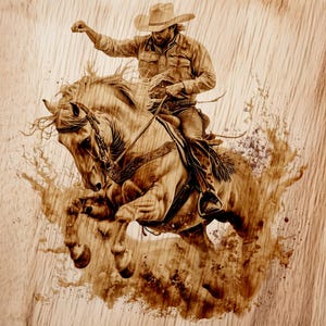 May include: A cowboy in a brown hat and brown shirt rides a brown horse. The horse is bucking and the cowboy is holding on. The image is a wood burning art piece.