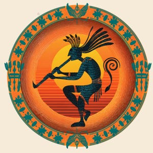 May include: Circular design featuring a silhouetted Kokopelli figure playing a flute, set against a gradient orange and yellow background. The figure is in dark blue with intricate patterns. The design is framed by a teal and orange border with decorative elements.