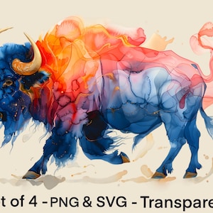 May include: An artistic illustration of a bison in shades of blue, orange, and gold. The bison is depicted in a watercolor style, with the text "Set of 4 - PNG & SVG - Transparent" at the bottom.