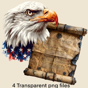 May include: A bald eagle with a white head and a yellow beak is holding a scroll with the text "In Congress, July 4, 1776. A Declaration of Independence of the United States of America".