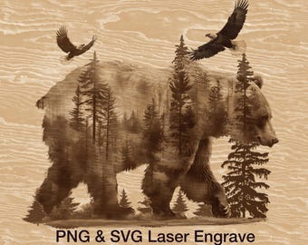 Imagen PNG de doble exposición de oso y bosque, arte de la naturaleza y la vida silvestre, archivo listo para láser de oso grizzly para decoración rústica de cabaña.