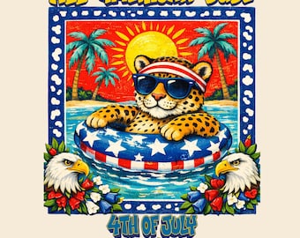 Wzór PNG z lampartem z okazji 4 lipca, letni obraz z okazji Dnia Niepodległości, patriotyczna grafika do sublimacji, DTF, wydruk (natychmiastowe pobranie cyfrowe)