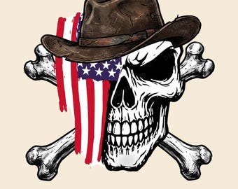 Patriotyczna czaszka i skrzyżowane piszczele PNG, wzór gwiazd i pasów, grafika świąteczna do sublimacji, DTF, wydruk (natychmiastowe pobranie cyfrowe)