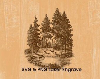 Archivo de grabado artístico listo para láser: Ciervo en bosque de pinos, diseño de sublimación boscosa para amantes de la naturaleza (descarga instantánea).