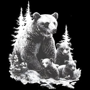 File di incisione laser dell'orso PNG Madre orso bruno e cuccioli Disegno realistico dettagliato Fauna selvatica Immagine invertita File di download digitale di alta qualità