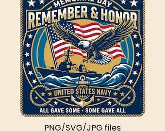 Projekt PNG Marynarki Wojennej USA z okazji Dnia Pamięci, Obraz „Pamiętaj i Honoruj”, Grafika patriotyczna do sublimacji, DTF, Wydruk (Natychmiastowe pobranie cyfrowe)