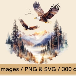 May include: Two bald eagles soaring over a watercolour painting of a mountain range with a lake in the foreground. The eagles are brown and white with sharp beaks. The mountains are a mix of blue, green, and brown. The lake is a light blue colour.