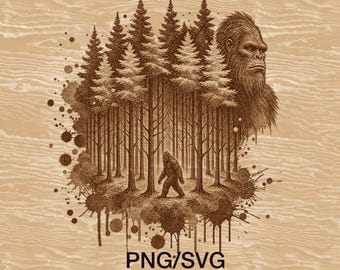 Archivo SVG de grabado láser de Bigfoot, diseño de Sasquatch en el bosque, arte de críptidos en la naturaleza, descarga digital de Yeti grabado en madera, PNG de decoración rústica del noroeste del Pacífico