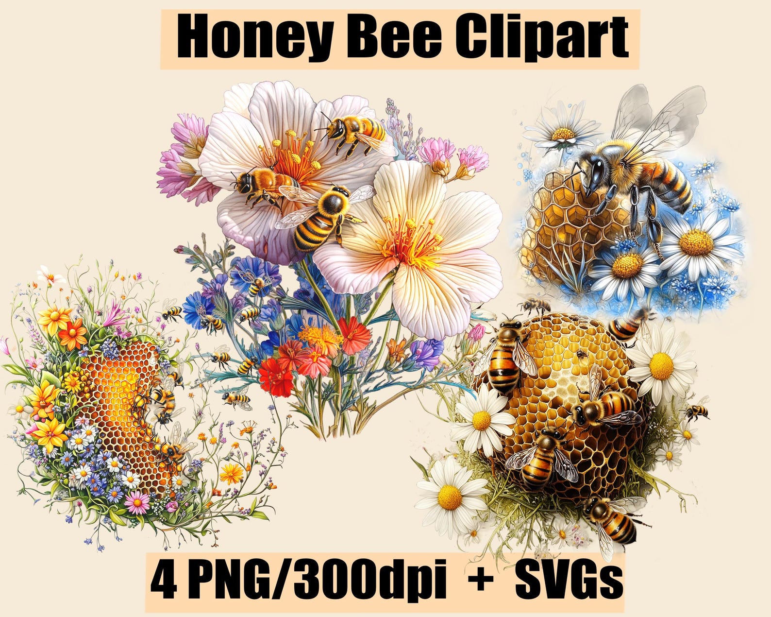 Honey Bee Clipart Bee and Flowers Image Honeycomb Clipart Bee Vector ...