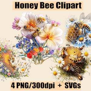 Honey Bee Clipart Bee and Flowers Image Honeycomb Clipart Bee Vector Graphics SVG Transparent Background PNG High Resolution for Sublimation