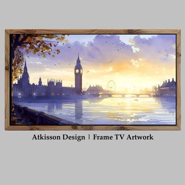 London Skyline Frame TV Artwork London England Attractions Samsung Frame TV Art Big Ben Clock Tower TV Painting Light Pastel Watercolor