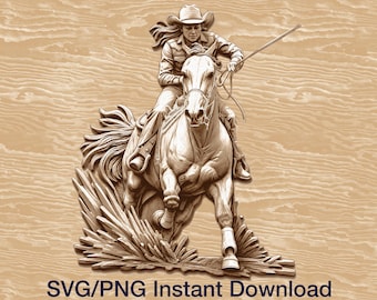 SVG PNG de vaquera en carreras de barriles en 3D, archivo de grabado láser de jinete de caballo del oeste, descarga digital de arte ecuestre de rodeo, decoración del salvaje oeste