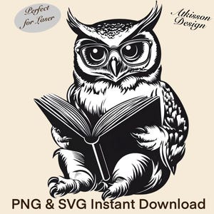 Owl Reading a Book PNG Laser Engrave File Great Horned Owl Black and White Clip Art Vector Image Wise Cartoon SVG Sublimation Design File