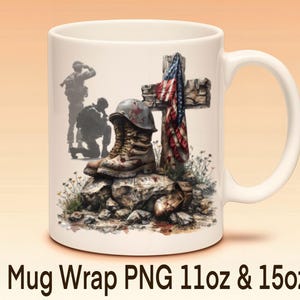 Memorial Day patriottische mok wrap 11oz 15oz lege laarzen PNG mok grafische Amerikaanse vlag sublimatie ontwerp kruis en soldaten PNG digitale download