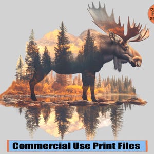 May include: A silhouette of a moose with antlers standing in a woodland scene. The moose is partially transparent, revealing the trees and foliage behind it. The image has a dreamy, ethereal quality.