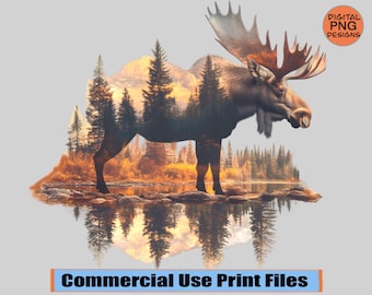 Moose Double Exposure PNG Sublimation Design Hunting Art PNG Mountain Wilderness png T-Shirt Design Pine Trees Instant Digital Download png
