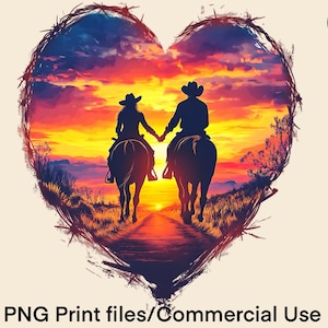 Western Valentine PNG Sublimation Design Cowboy Cowgirl Silhouette Clipart Reitpferde png T-Shirt Design Sonnenuntergang Sofortiger digitaler Download