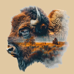 May include: A digital art print featuring a detailed profile of a bison's head, with a landscape scene overlaid within its form. The bison is rendered in shades of brown and tan, with visible fur texture. The landscape includes trees and a field, set against a warm, golden background.