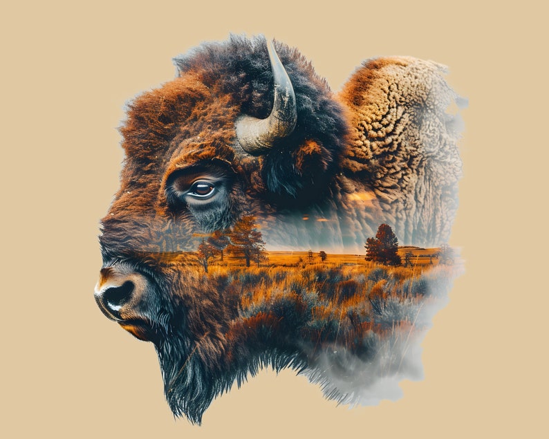 May include: A digital art print featuring a detailed profile of a bison's head, with a landscape scene overlaid within its form. The bison is rendered in shades of brown and tan, with visible fur texture. The landscape includes trees and a field, set against a warm, golden background.