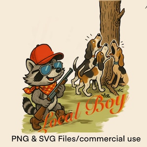 Raccoon & Hound Dogs PNG T-shirt Sublimation Graphic Coon Hunting Clipart Image Hunting Season SVG Design Cartoon Instant Digital Download