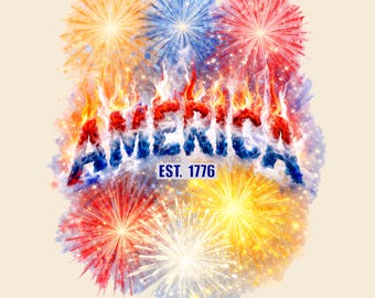 AMERICA Est. 1776 Napisy PNG Projekt, Patriotyczne sublimacje 4 lipca, Grafika fajerwerków z okazji Dnia Niepodległości (Natychmiastowe pobranie cyfrowe)