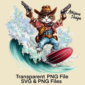 Surfer Cowboy Kitten PNG Sublimacja Projekt Uroczy Kot Strzelający Broń SVG Clipart Cartoon png Projekt Koszulki Western Natychmiastowe Pobieranie Cyfrowe