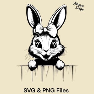 Peeking Easter Bunny Laser Engrave PNG Coquette Bow Black and White Vector SVG Rabbit Cartoon Silhouette Funny Sublimation Design