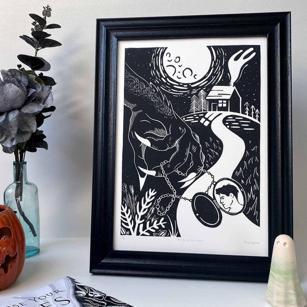 Werewolf Linocut Print: Limited Edition Relief Art, Gothic Home Decor