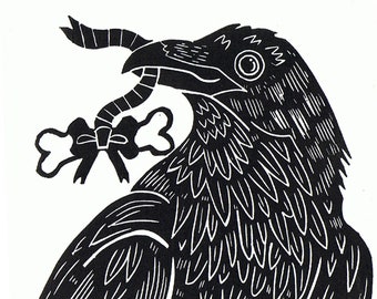 A Raven With a Gift. Gothic Linocut Wall Art.