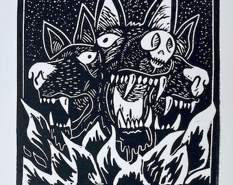 Hellhound. Horror Art. Linocut Print. Cerberus Dog. Gods and Monsters. Lino Blockprint Art. Halloween Art. Spooky Handmade