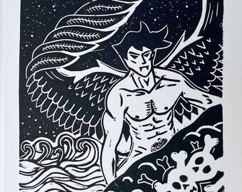 Ghost / Siren - Drawlloween 2019 mini original linocut print, 13cmx13cm
