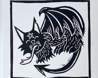 Demon Cat Linocut Print. Witches Familiar. Drawlloween 2020. Linocut Art. Halloween Wall Decor. Spooky Handmade.