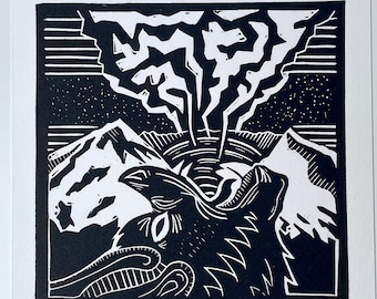 Batsquatch Linocut Print: Gothic Horror Halloween Decor