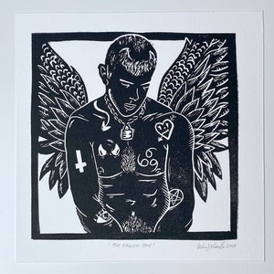 The Fallen One. Lucifer the Morning Star. Male model portrait Art. Linocut Relief Print. Queer Art. Gay Interest. LGBTQIA.
