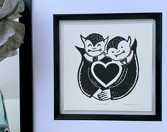 Ring / Vampire - Drawlloween 2019 mini original linocut print, 13x13cm, Valentines Love Undead Print
