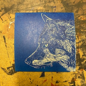 May include: A white wolf head silhouette on a blue background. The wolf's eye is visible and the fur is detailed.
