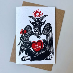 Baphomet Be Mine. Gothic Valentines Love Card. Creepy, Scary, Cute Hand Printed Greetings Card. zdjęcie 4
