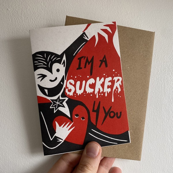 Vampire Love Card. Gothic Valentines Linocut Hand Printed Greetings Card. For Goth creepy horror fans.