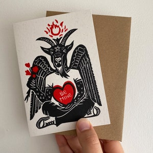 Baphomet Be Mine. Gothic Valentines Love Card. Creepy, Scary, Cute Hand Printed Greetings Card.