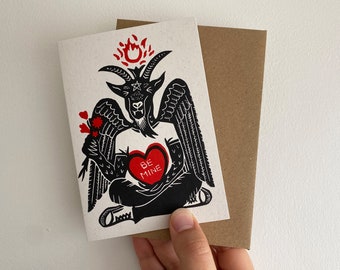 Baphomet Be Mine. Gothic Valentines Love Card. Creepy, Scary, Cute Hand Printed Greetings Card.