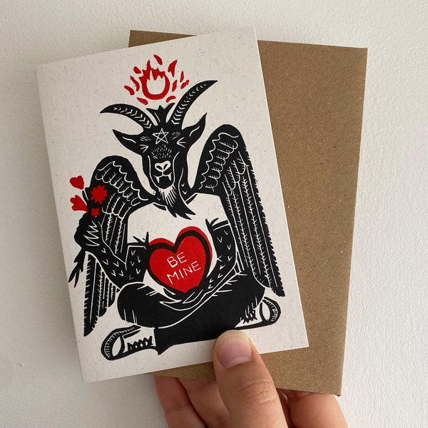 Baphomet sei mein. Gothic Valentinstag Liebeskarte. Gruselige, süße, handbedruckte Grußkarte.