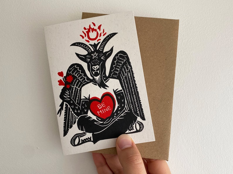 Baphomet Be Mine. Gothic Love Card. Creepy, Scary, Cute Hand Printed Greetings Card. 