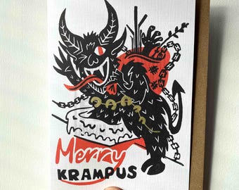 Krampus Chimney Christmas Linocut Reproduction Greetings Card. Gruss Vom Krampus, Alternative Festive Yule Folklore Print.