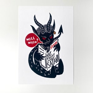 Postal "Hoy no, Satanás". Lámina artística A6. Arte mural divertido de demonios.