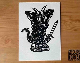 Adventure Goblin! Fantasy Creature Linocut Wall Art. Folklore Creature Open Edition A5.