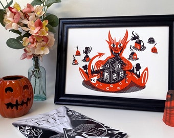 Devil&#39;s Footprints Art Print: Pastel Goth Linocut Reproduction (A4 & A5)
