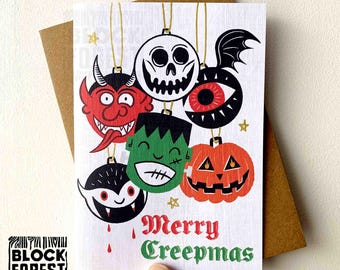 Merry Creepmas Gothic Baubles Christmas Greetings Card. Alternative Festive Yule Card.