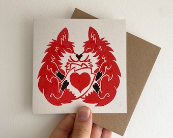 Red Fox Love Card: Hand-Printed Linocut Anniversary Card