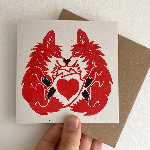 Red Fox Love Card. Linocut Animal Greetings Card. Wildlife Card. Hand Printed Cute Illustrated Anniversary, Engagement Card. Eco-Friendly.